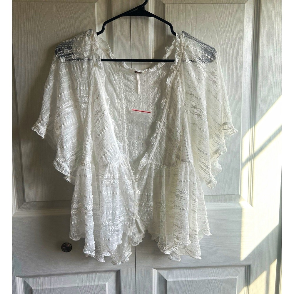 Free People White Sheer Floral Lace Ruffle Flutter Sleeve Button Blouse S